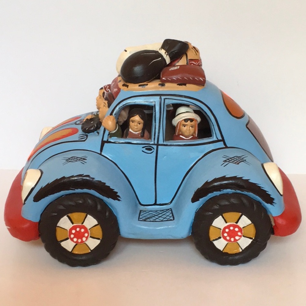 Handmade in Peru Painted Terra Cotta Car w/ Family